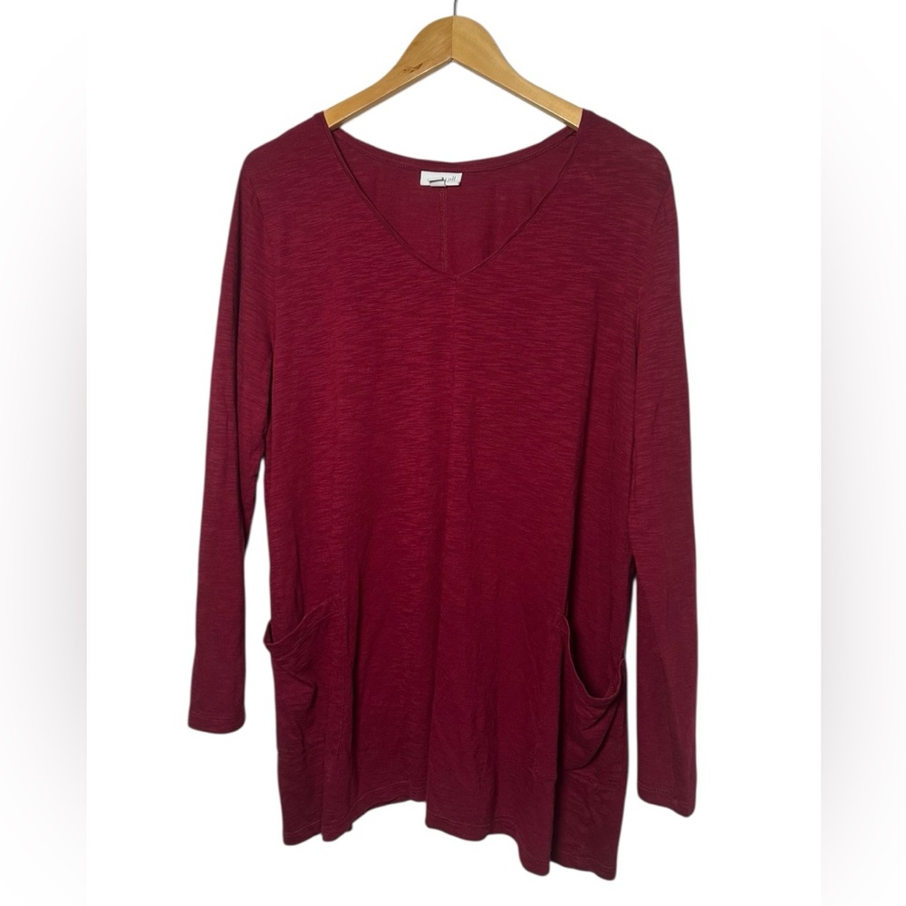 J Jill Burgandy Red Size XL V Neck Long Sleeve Tunic Top Pockets Comfortable